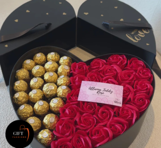 Red roses heart box with chocolates