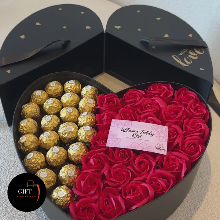 Red roses heart box with chocolates