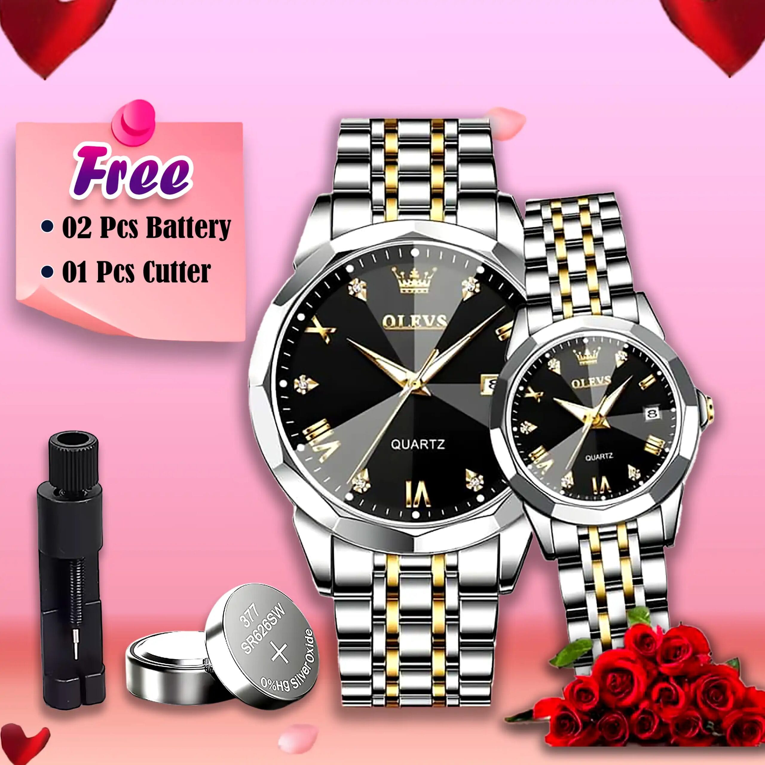Butter-Fly-Lock-Olievs-Stainless-Steel-fashionable-Couple-watches-1pcs-chain-cutter-2-pcs-battery-Silver-black Butter Fly Lock Olievs Stainless Steel fashionable Couple watches +1pcs chain cutter+ 2 pcs battery Silver black - Image 1