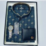 Cotton  Print Punjabi + Premium Watch + Wallet  Combo Pack - Image 2