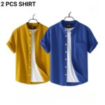 Fashionable casual Half Sleeve shirt for men(Yellow+ petrol) - Image 3