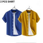 Fashionable casual Half Sleeve shirt for men(Yellow+ petrol) - Image 2