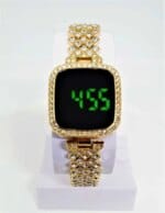 New Trend Fashion Steel Chain Diamond Women Watch Full Diamond Touch Screen LED Water Diamond Bracelet Watch (Golden)