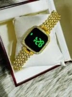 New Trend Fashion Steel Chain Diamond Women Watch Full Diamond Touch Screen LED Water Diamond Bracelet Watch (Golden) - Image 3