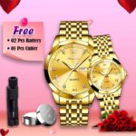 Olevs  Stainless Steel fashionable  Couple watches Full Golden - Image 2