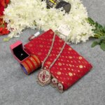 Premium Half Silk Jamdani Saree Combo Set - Red - Image 3