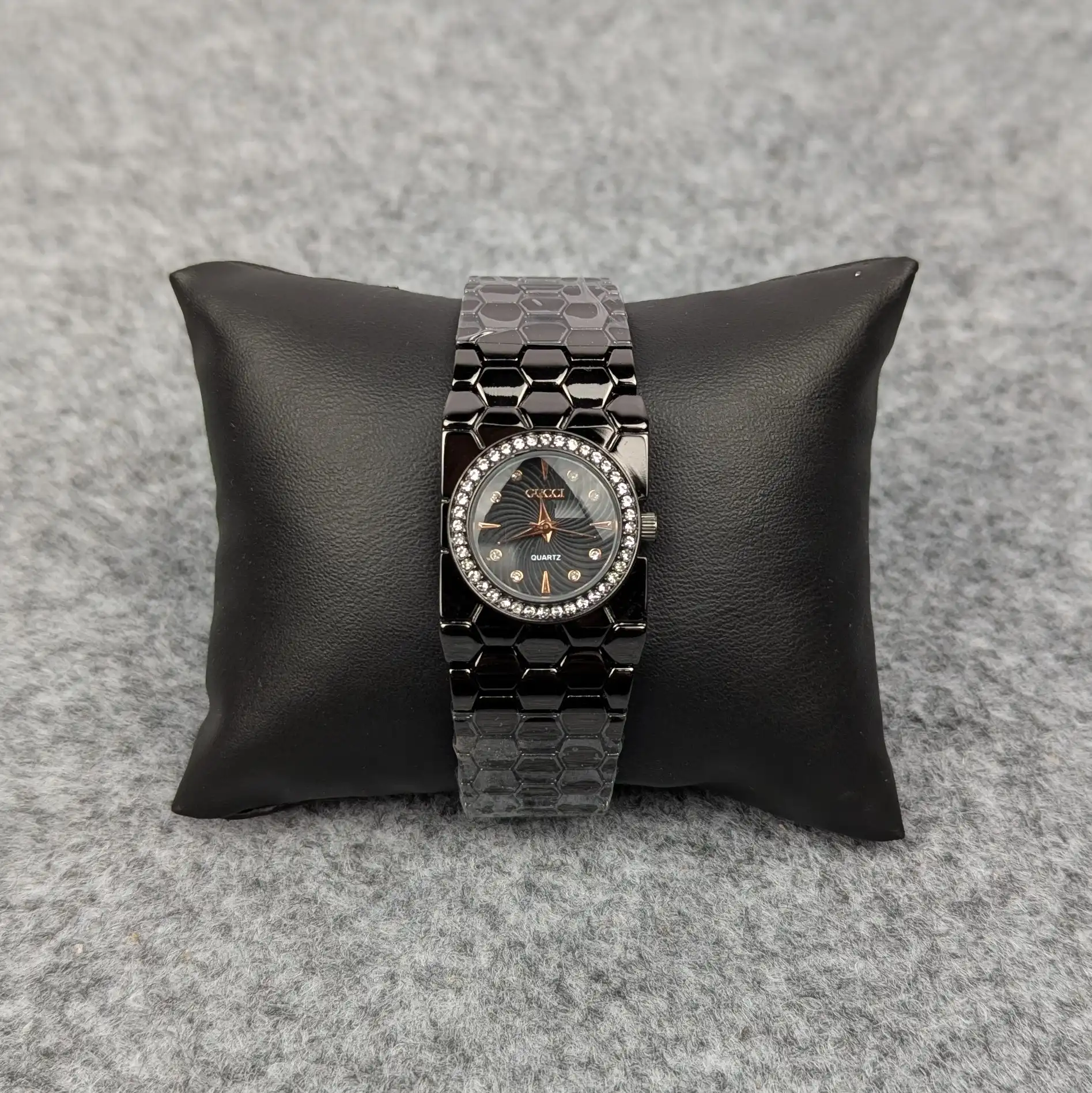 Stylish-Black-Ladies-Quartz-Watch-with-Crystal-Bezel-–-Premium-Bracelet-Design Black Ladies Quartz Watch – Crystal Bezel - Image 1