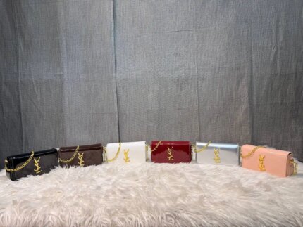 Luxury patent leather chain clutch bag for women with glossy finish and gold strap
