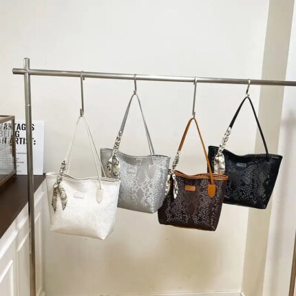 Large tote bag with scarf detail and python texture design for women