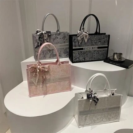 Fashionable women tote bag with floral pattern and chic scarf detail