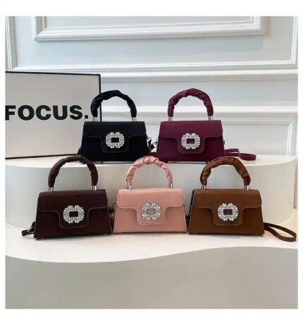 Elegant top handle handbag with crystal buckle and suede texture for women