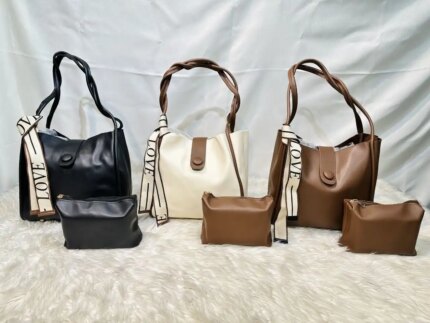 Stylish women’s leather shoulder bag set with matching pouch and braided handle