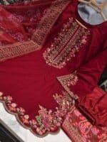 Premium Red Cotton Embroidered 3 Piece Suit for Women | Elegant Black Embroidery Cotton Salwar Kameez with Printed Dupatta - Image 2