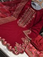 Premium Red Cotton Embroidered 3 Piece Suit for Women | Elegant Black Embroidery Cotton Salwar Kameez with Printed Dupatta - Image 2