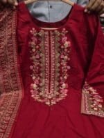 Premium Red Cotton Embroidered 3 Piece Suit for Women | Elegant Black Embroidery Cotton Salwar Kameez with Printed Dupatta - Image 4