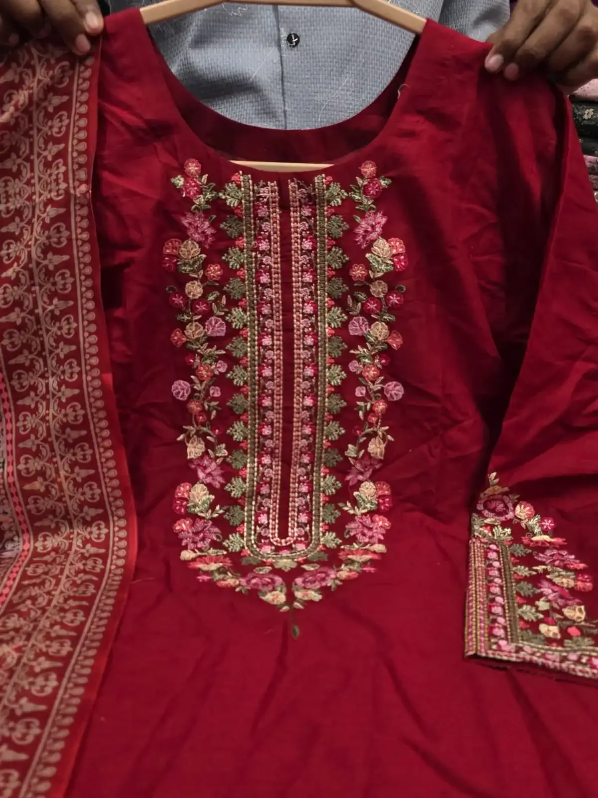 Premium Red Cotton Embroidered 3 Piece Suit for Women | Elegant Black Embroidery Cotton Salwar Kameez with Printed Dupatta - Image 4