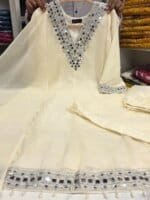 Premium Ivory Star Georgette Sharara Set for Women | Embroidery & Mirror Work 3 Piece Party Wear Dress - Image 3