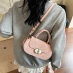 Elegant Mini Top Handle Handbag for Women – Chic Crossbody Purse with Gold Lock Closure in Pink, Green & Beige - Image 14