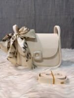 Trendy Mini Crossbody Bag for Women with Silk Scarf – Stylish Flap Shoulder Purse in Cream, Beige & Pink - Image 2