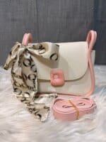 Trendy Mini Crossbody Bag for Women with Silk Scarf – Stylish Flap Shoulder Purse in Cream, Beige & Pink - Image 4