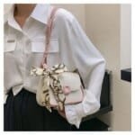 Trendy Mini Crossbody Bag for Women with Silk Scarf – Stylish Flap Shoulder Purse in Cream, Beige & Pink - Image 8