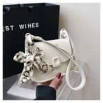 Trendy Mini Crossbody Bag for Women with Silk Scarf – Stylish Flap Shoulder Purse in Cream, Beige & Pink - Image 12