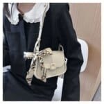 Trendy Mini Crossbody Bag for Women with Silk Scarf – Stylish Flap Shoulder Purse in Cream, Beige & Pink - Image 9
