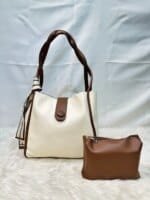 Stylish Women’s Leather Shoulder Bag Set with Matching Pouch – Elegant Tote Handbag in Black, Cream & Brown - Image 3
