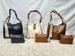 Stylish Women’s Leather Shoulder Bag Set with Matching Pouch – Elegant Tote Handbag in Black, Cream & Brown - Image 5