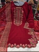 Premium Red Cotton Embroidered 3 Piece Suit for Women | Elegant Black Embroidery Cotton Salwar Kameez with Printed Dupatta