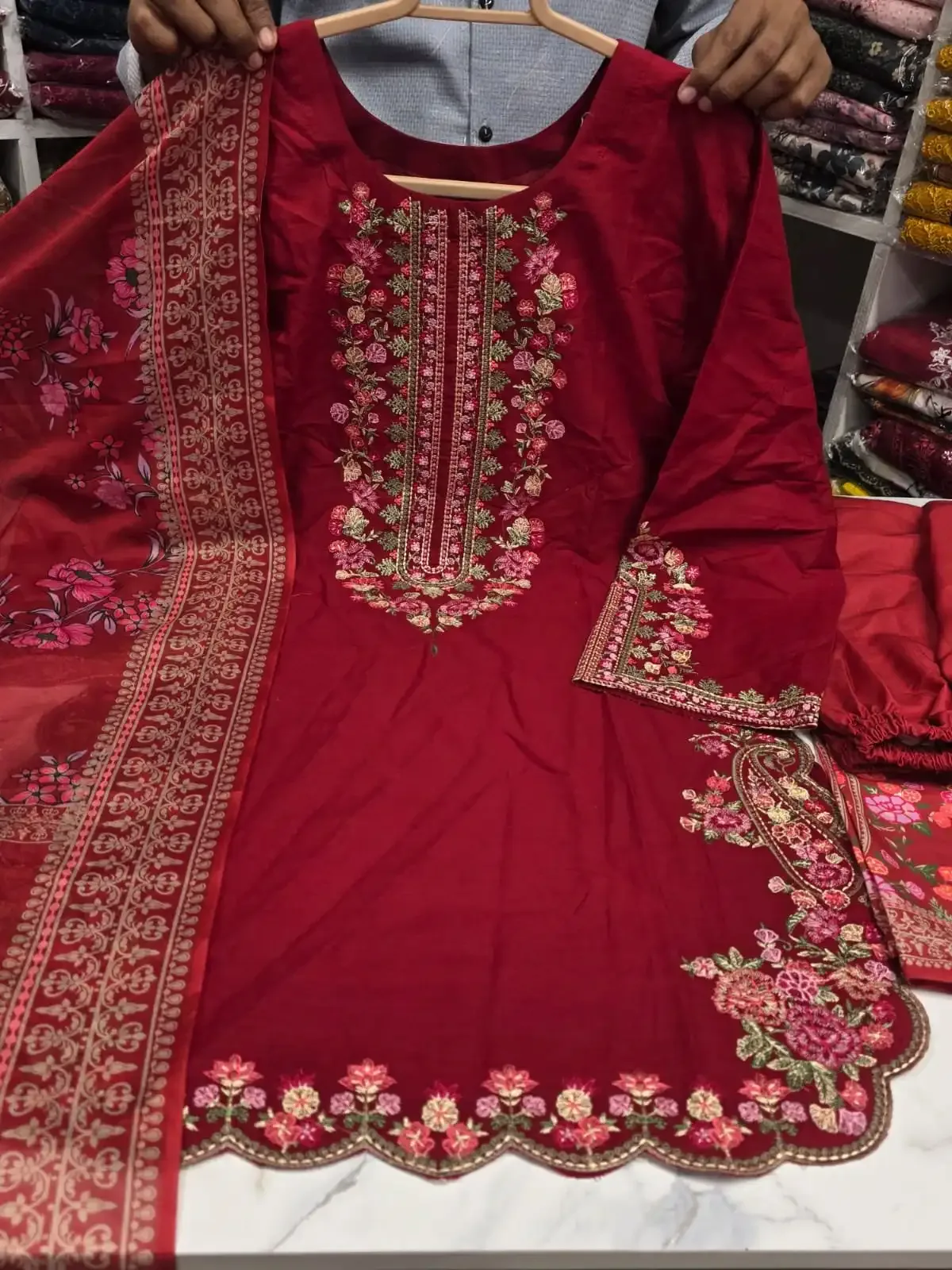 653f4f0a-07be-4791-8c8d-f4b43a2be452 Premium Red Cotton Embroidered 3 Piece Suit for Women | Elegant Black Embroidery Cotton Salwar Kameez with Printed Dupatta - Image 1