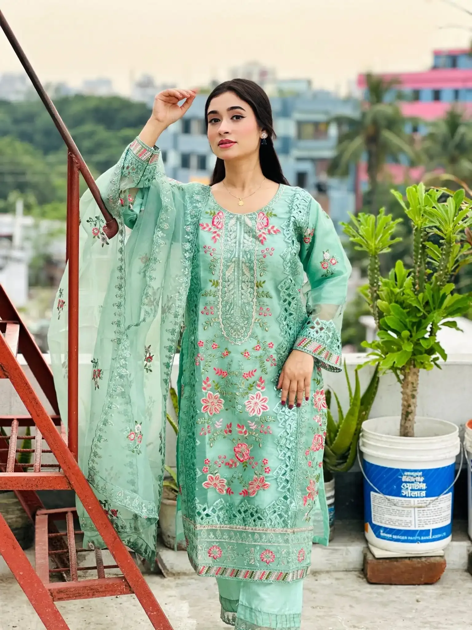 Premium Mint Green Embroidered Three Piece Salwar Kameez Set for Women | Elegant Pakistani Party Wear Dress - Image 1