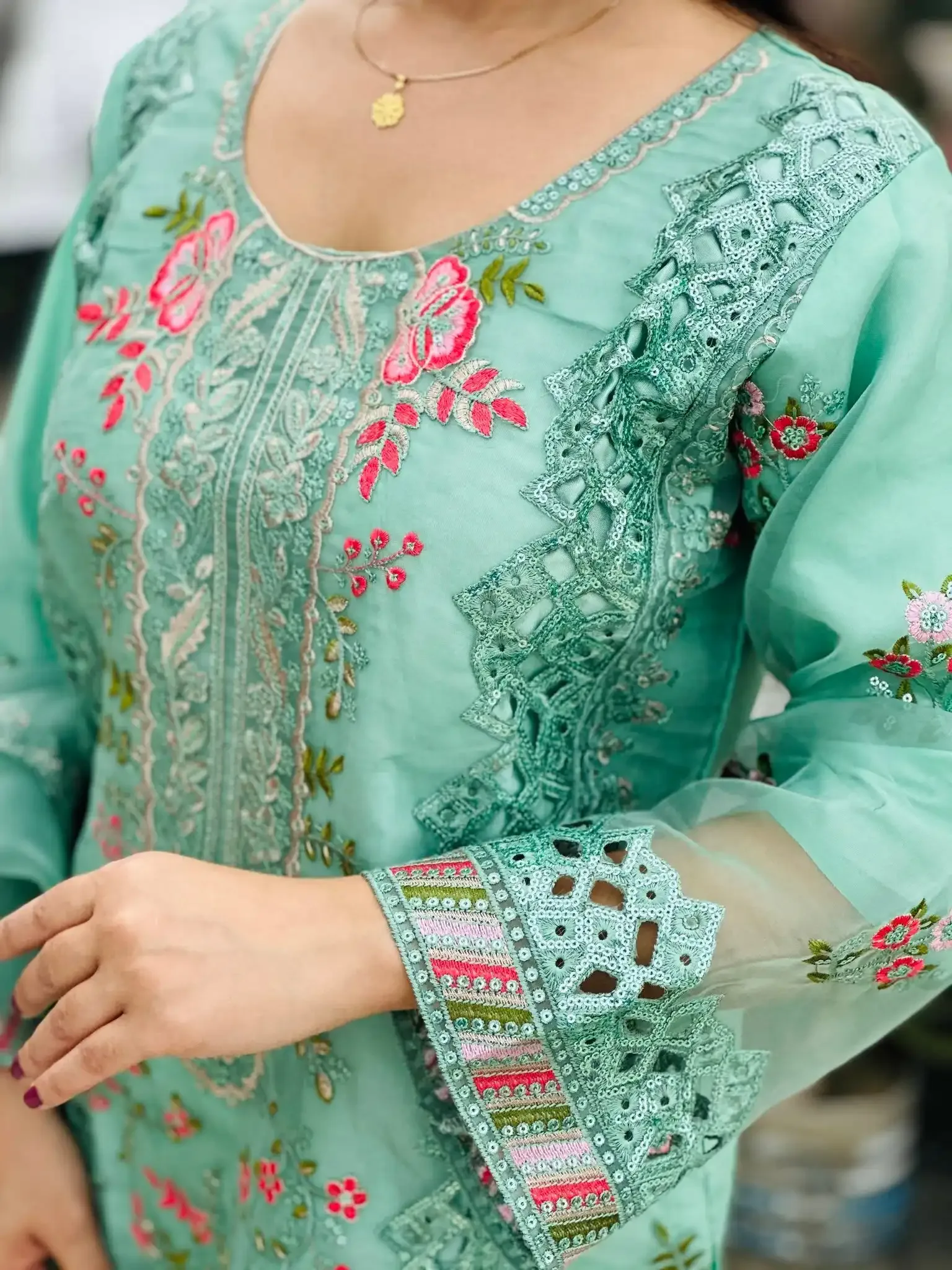 Premium Mint Green Embroidered Three Piece Salwar Kameez Set for Women | Elegant Pakistani Party Wear Dress - Image 2