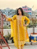Premium Mustard Yellow Embroidered Three Piece Salwar Kameez Set for Women | Elegant Party Wear Pakistani Style Dress - Image 6