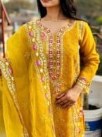 Premium Mustard Yellow Embroidered Three Piece Salwar Kameez Set for Women | Elegant Party Wear Pakistani Style Dress - Image 4