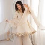Premium Ivory Star Georgette Sharara Set for Women | Embroidery & Mirror Work 3 Piece Party Wear Dress