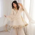 Premium Ivory Star Georgette Sharara Set for Women | Embroidery & Mirror Work 3 Piece Party Wear Dress