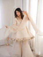 Premium Ivory Star Georgette Sharara Set for Women | Embroidery & Mirror Work 3 Piece Party Wear Dress