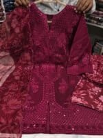 Premium Wine Cotton Sequin Embroidered 3 Piece Suit for Women | Luxury Cotton Salwar Kameez with Printed Dupatta