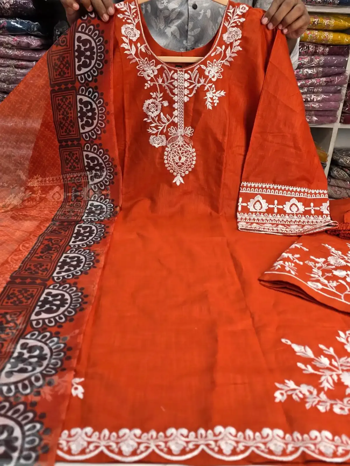Premium Slav Cotton Embroidered 3 Piece Dress for Women | Boutique Salwar Kameez Set with Dupatta - Image 1