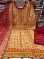 Boutique Mustard Cinigura Cotton 3 Piece Dress for Women | Premium Embroidered Salwar Kameez Set with Printed Dupatta