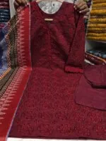 Premium Maroon Cotton Embroidered 3 Piece Suit for Women | Schiffli Embroidery Salwar Kameez with Printed Dupatta