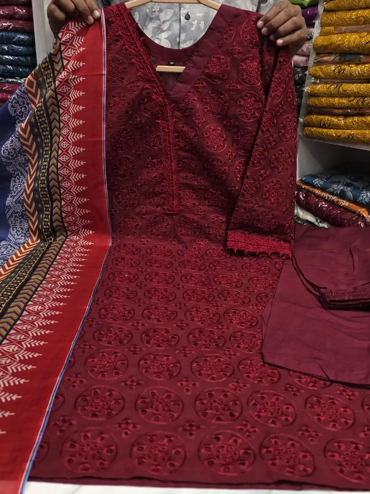 Premium Maroon Cotton Embroidered 3 Piece Suit for Women | Schiffli Embroidery Salwar Kameez with Printed Dupatta - Image 1