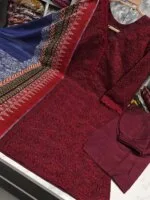 Premium Maroon Cotton Embroidered 3 Piece Suit for Women | Schiffli Embroidery Salwar Kameez with Printed Dupatta - Image 2