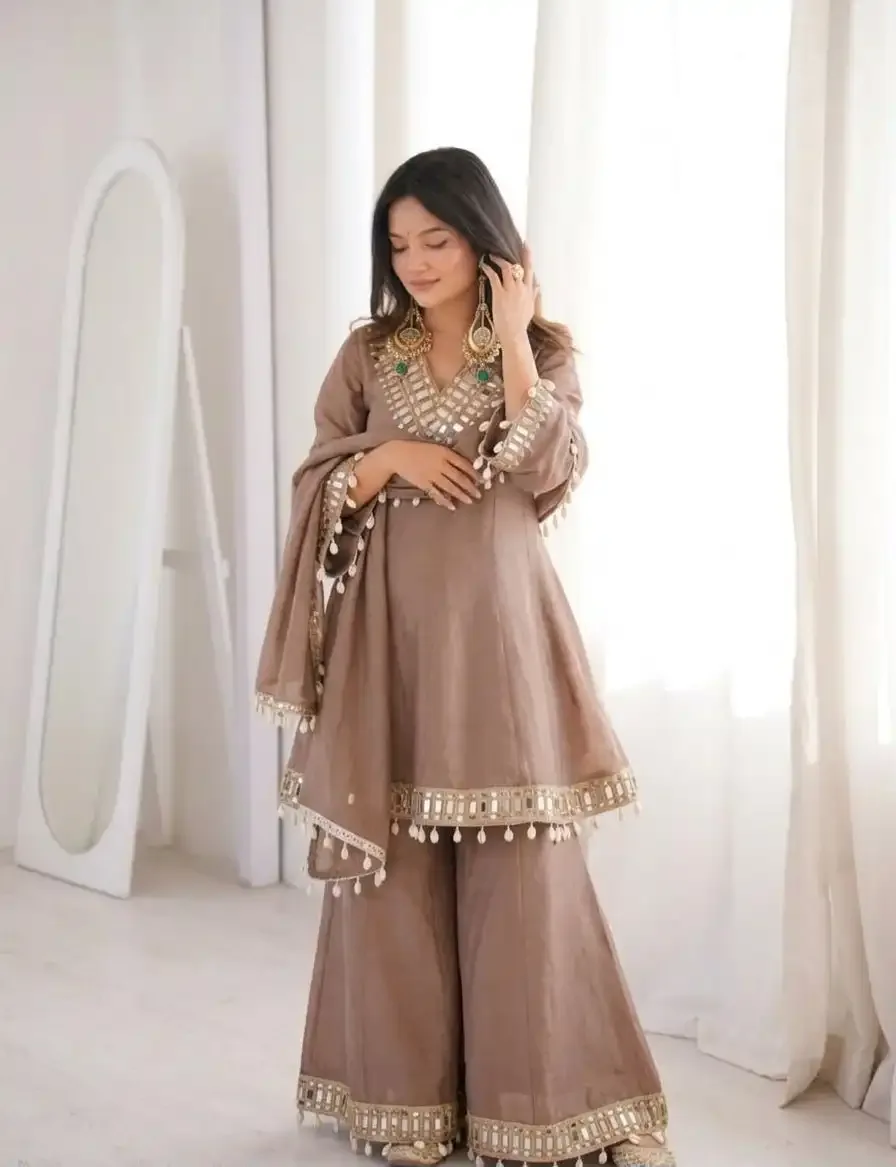Premium Ivory Star Georgette Sharara Set for Women | Embroidery & Mirror Work 3 Piece Party Wear Dress - Image 1