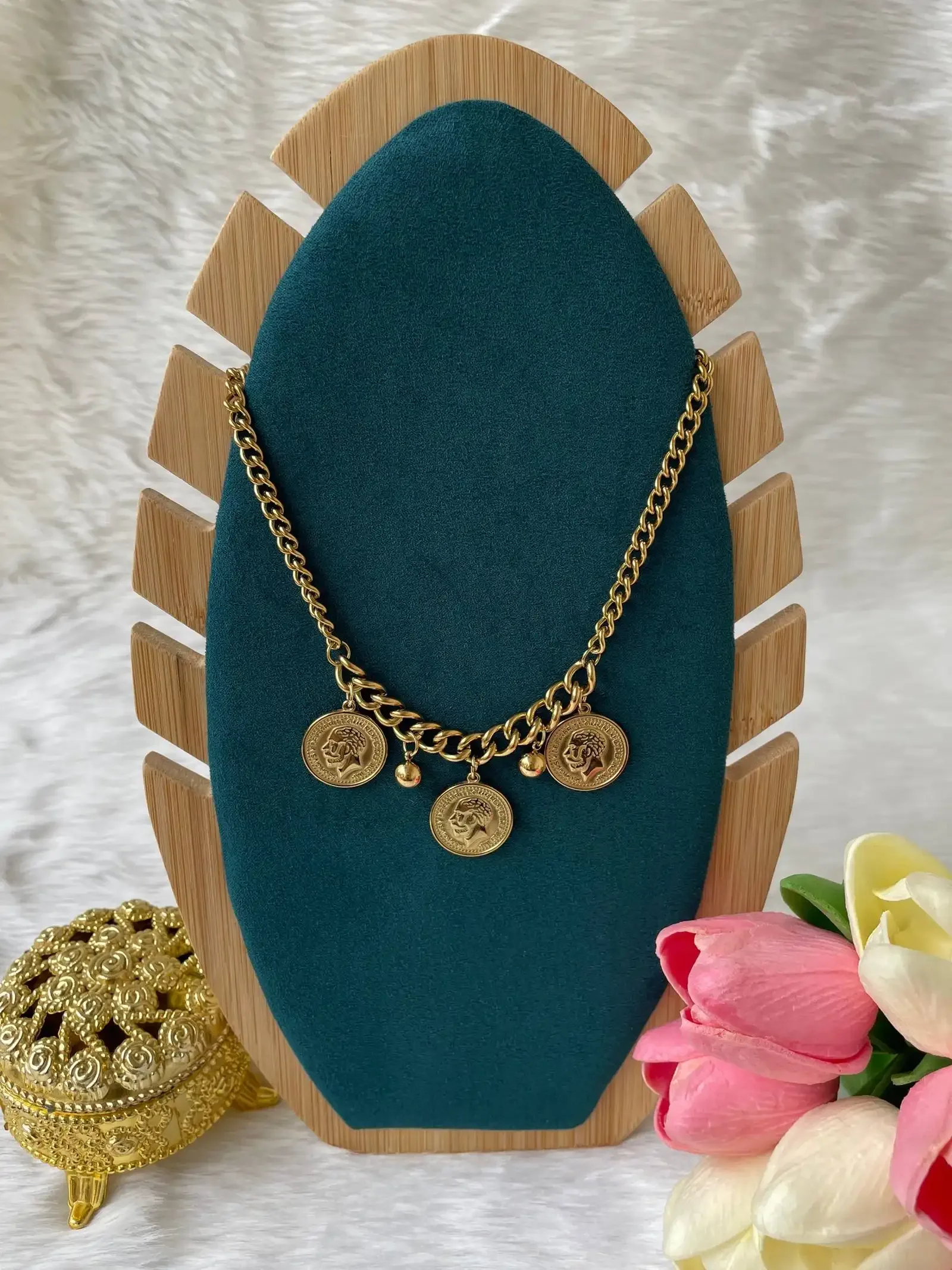 photo_6260356391377768261_w SS Stone Necklace for Women | Stainless Steel Bow & Heart Pendant Necklace | Elegant Gold-Tone Fashion Jewelry - Image 1