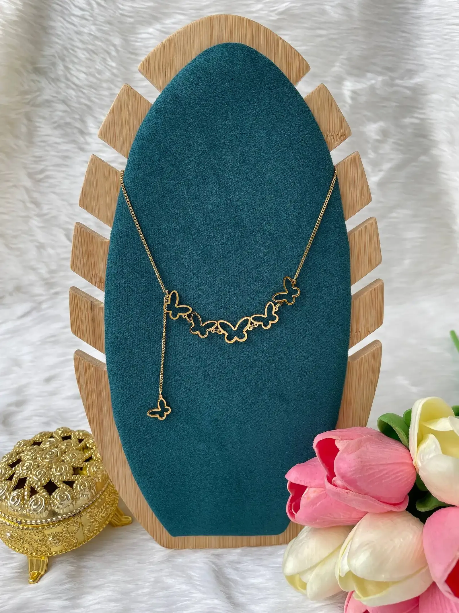 SS Stone Necklace for Women | Stainless Steel Bow & Heart Pendant Necklace | Elegant Gold-Tone Fashion Jewelry - Image 1